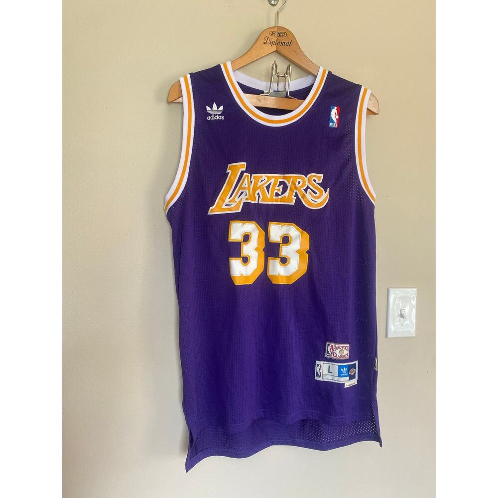EXCELLENT Kareem Abdul-Jabbar LA Lakers Adidas Hardwood Classics Jersey L 33